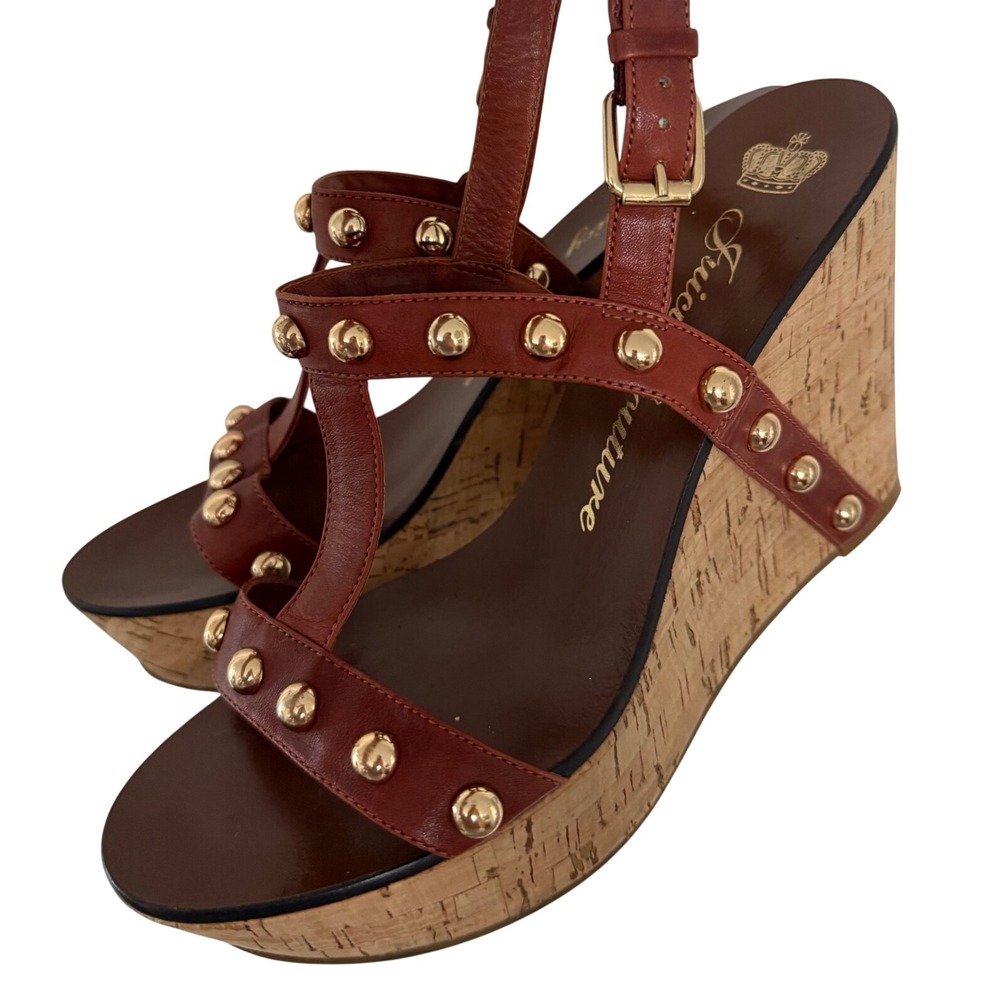 Juicy Couture Brown Leather Studded Cork Wedge Platform Sandals Size 9M